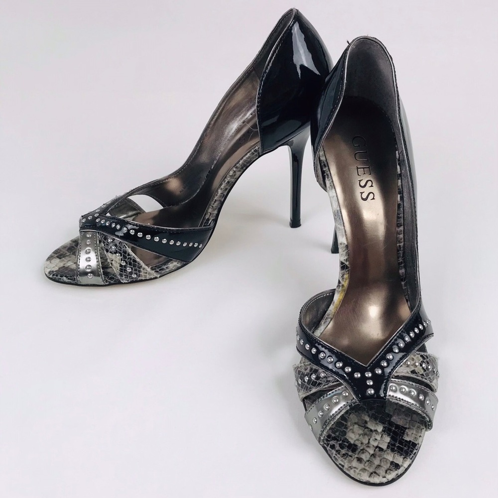 Guess Stiletto Heels Black Patent with Snake Skin Print  Women’s Size 6M  EUC